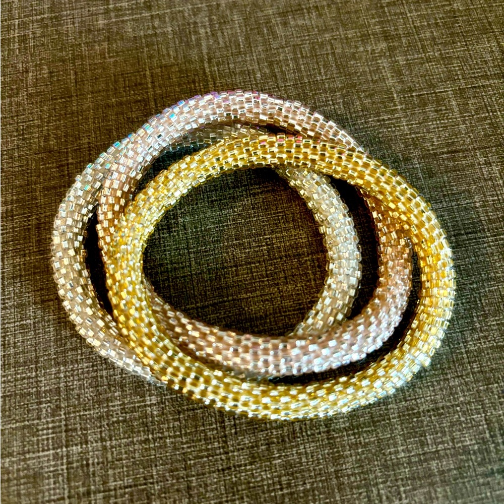 Lily and Laura bracelet stack- silver, gold, rose